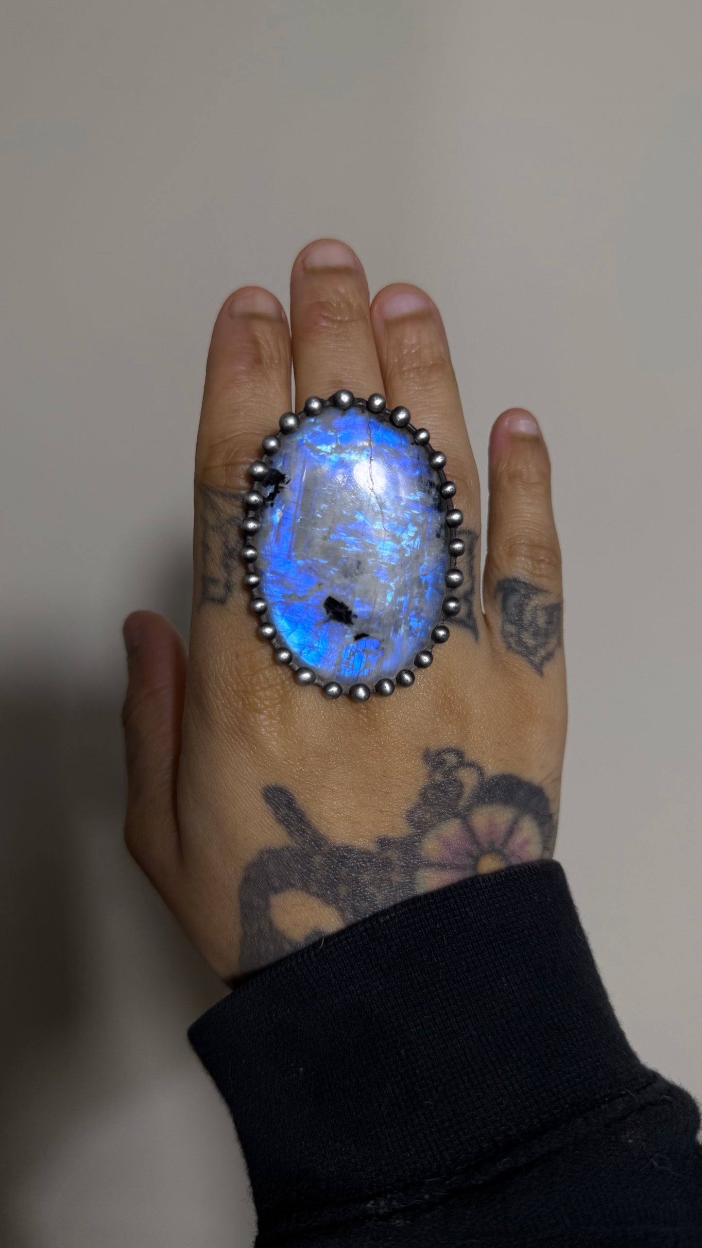 Darla | Adjustable Rainbow Moonstone & Black Tourmaline Ring