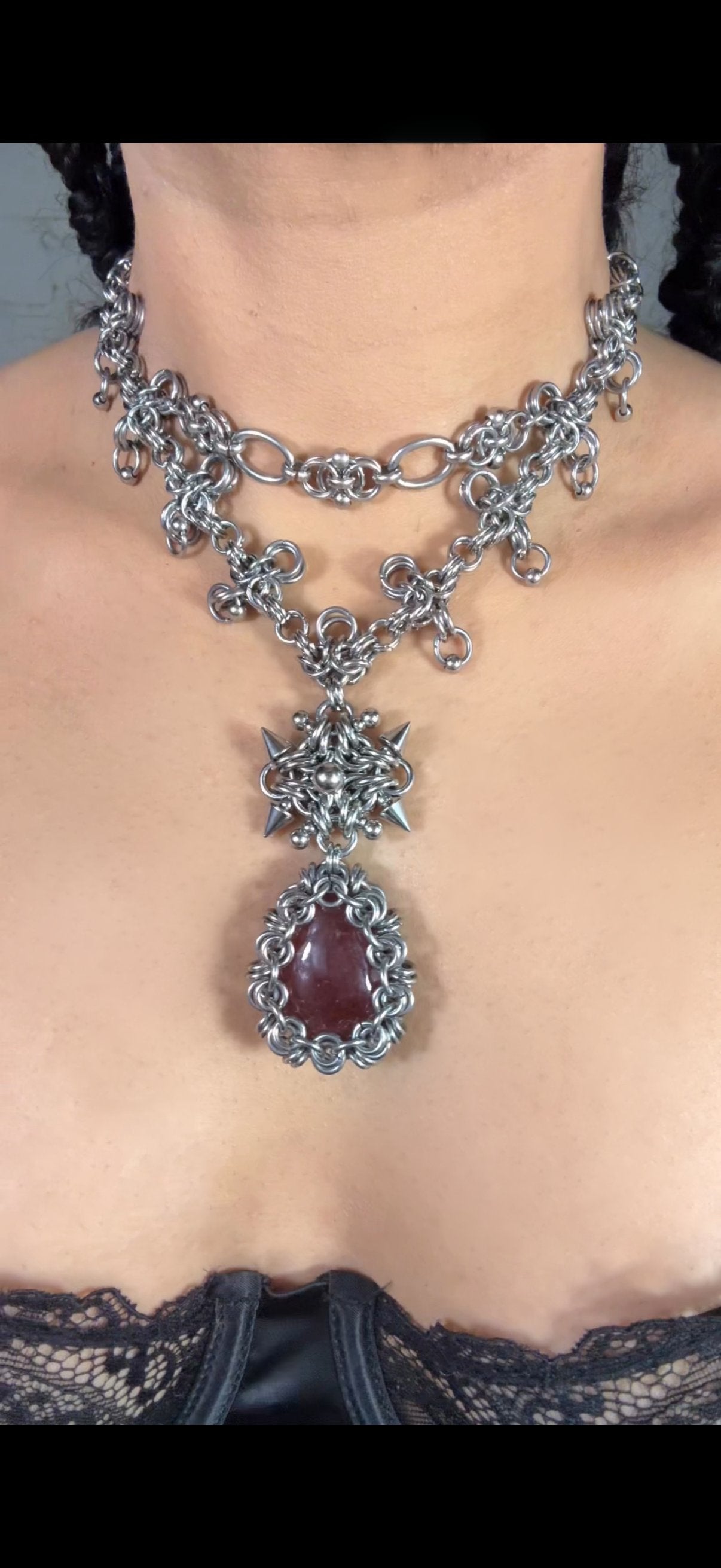 Chinnamasta | Cherry Quartz Chainmail Necklace