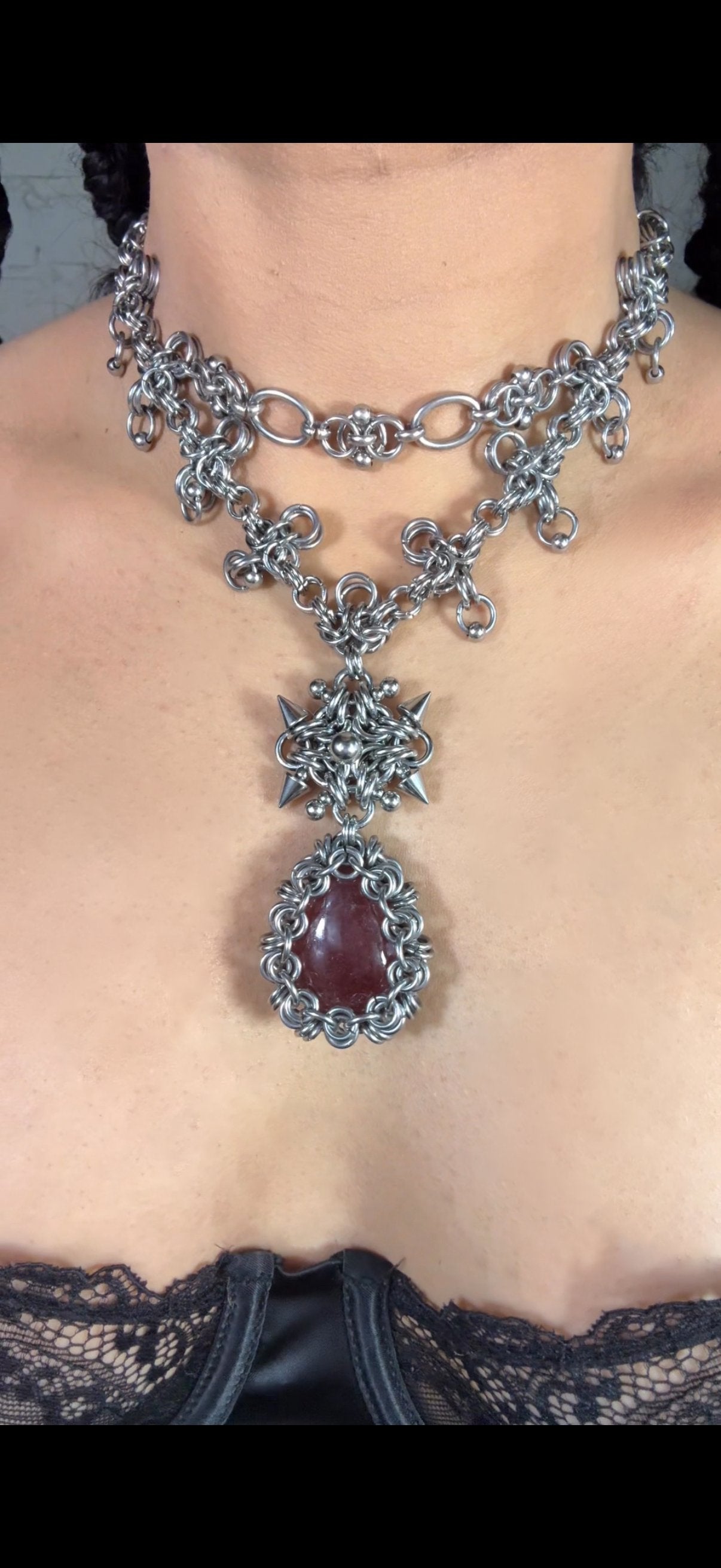 Chinnamasta | Cherry Quartz Chainmail Necklace