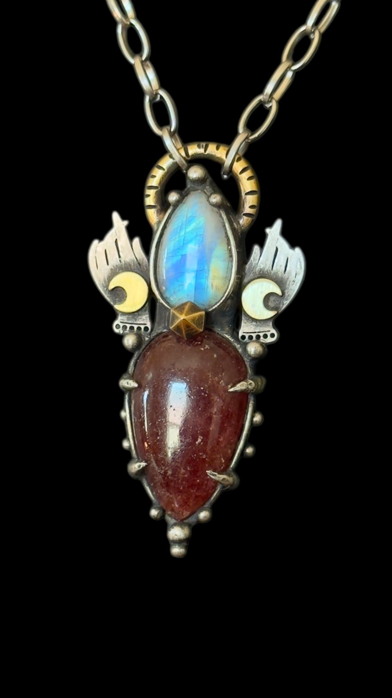 Aadrik | Rainbow Moonstone and Strawberry Quartz Necklace