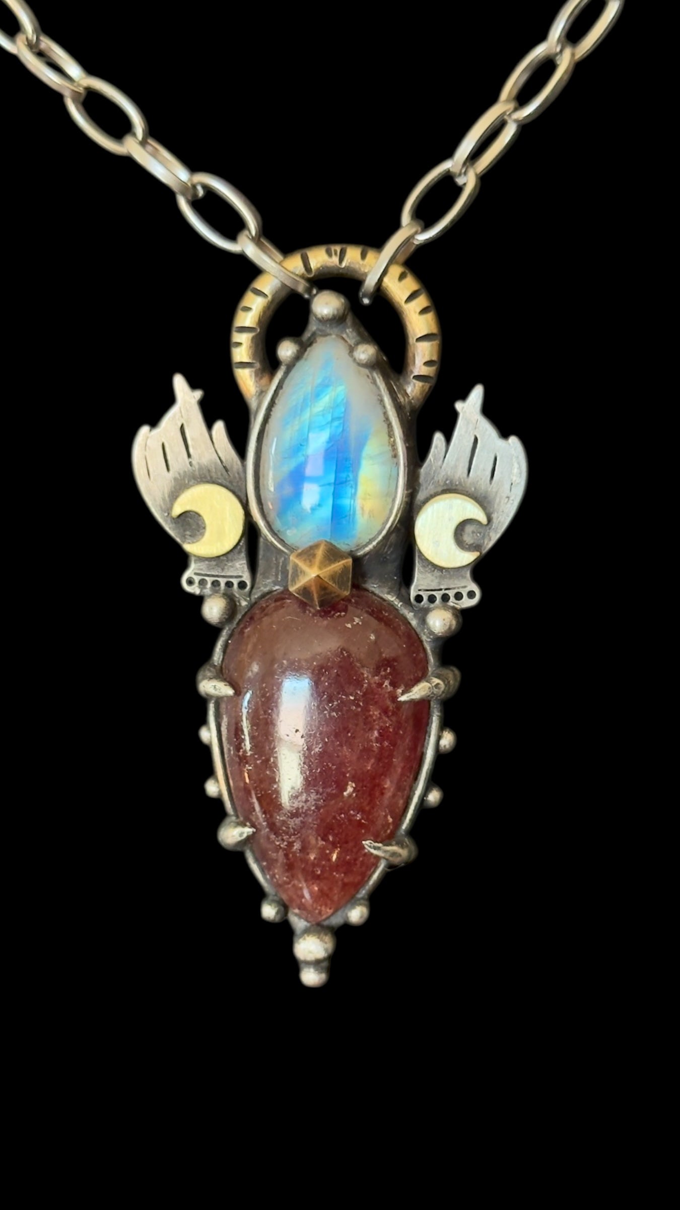 Aadrik | Rainbow Moonstone and Strawberry Quartz Necklace