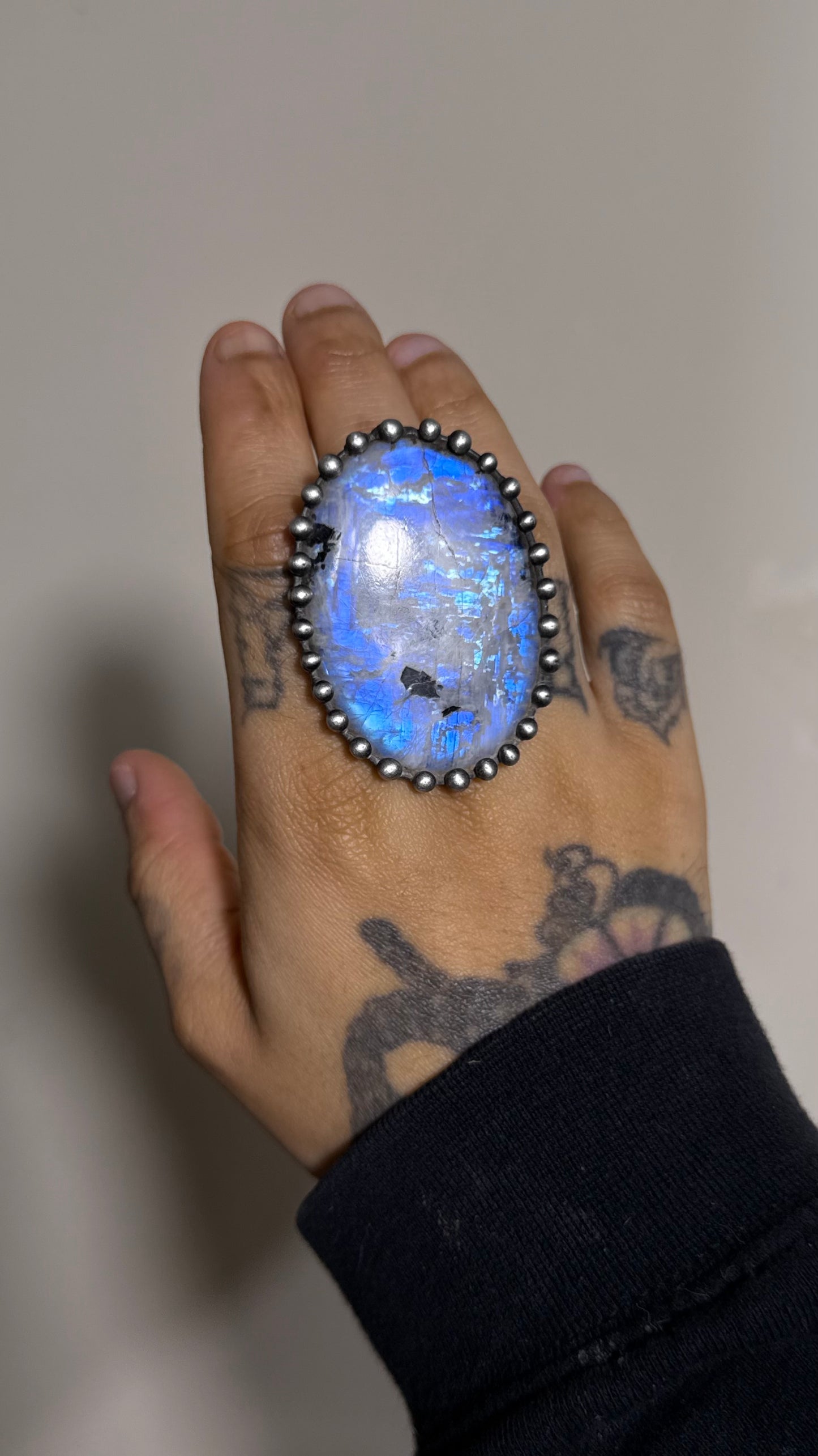 Darla  | Adjustable Rainbow Moonstone & Black Tourmaline Ring