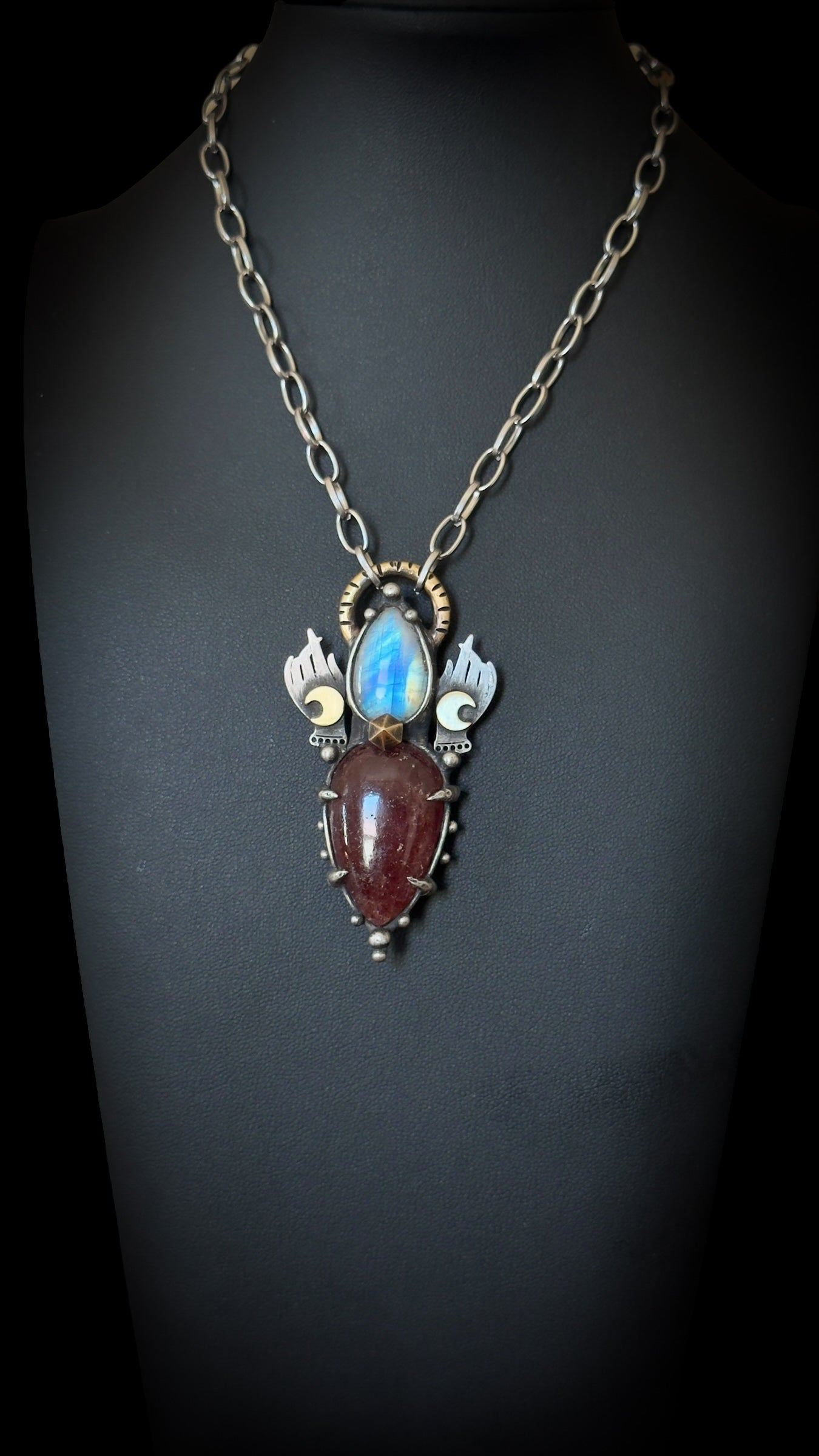 Aadrik | Rainbow Moonstone and Strawberry Quartz Necklace
