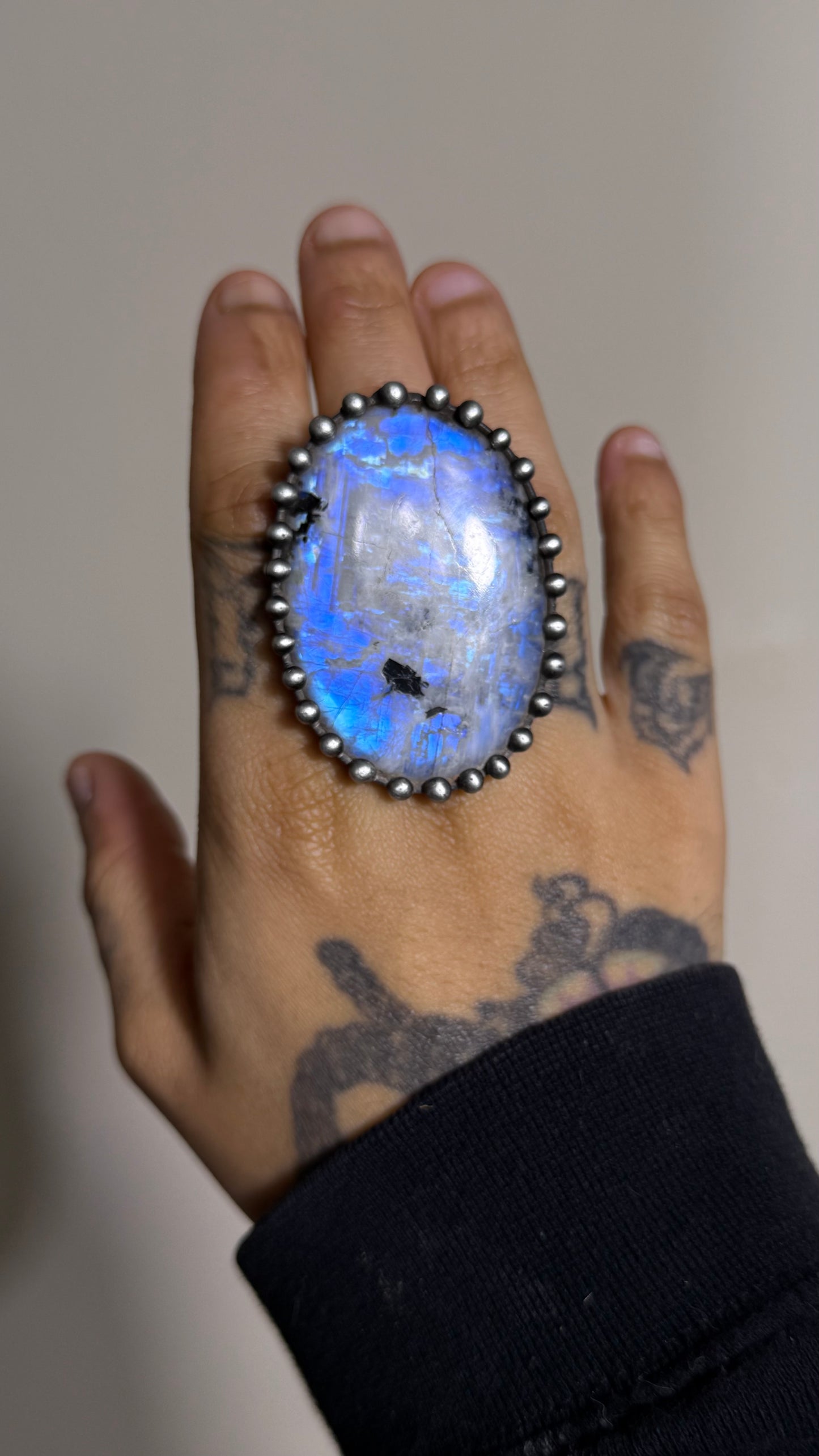 Darla  | Adjustable Rainbow Moonstone & Black Tourmaline Ring