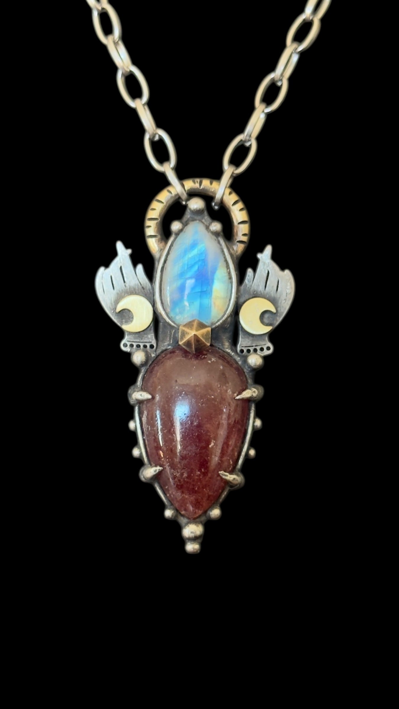 Aadrik | Rainbow Moonstone and Strawberry Quartz Necklace