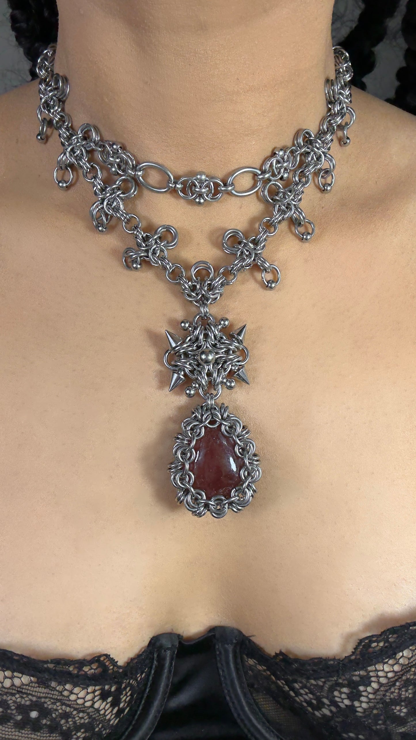 Chinnamasta | Cherry Quartz Chainmail Necklace