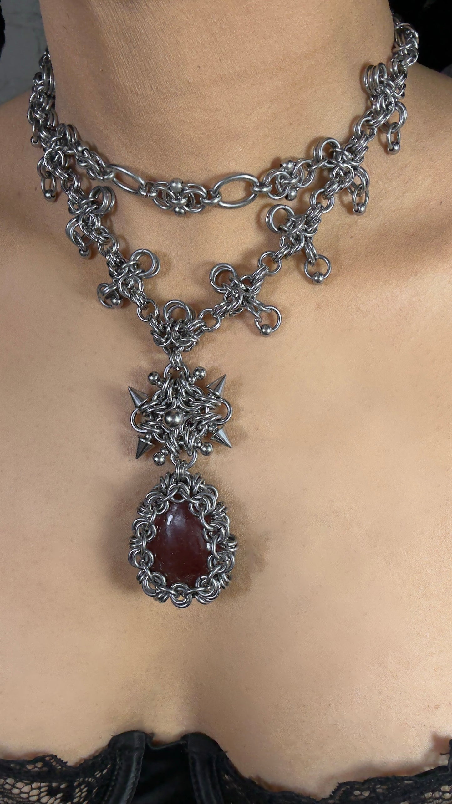 Chinnamasta | Cherry Quartz Chainmail Necklace