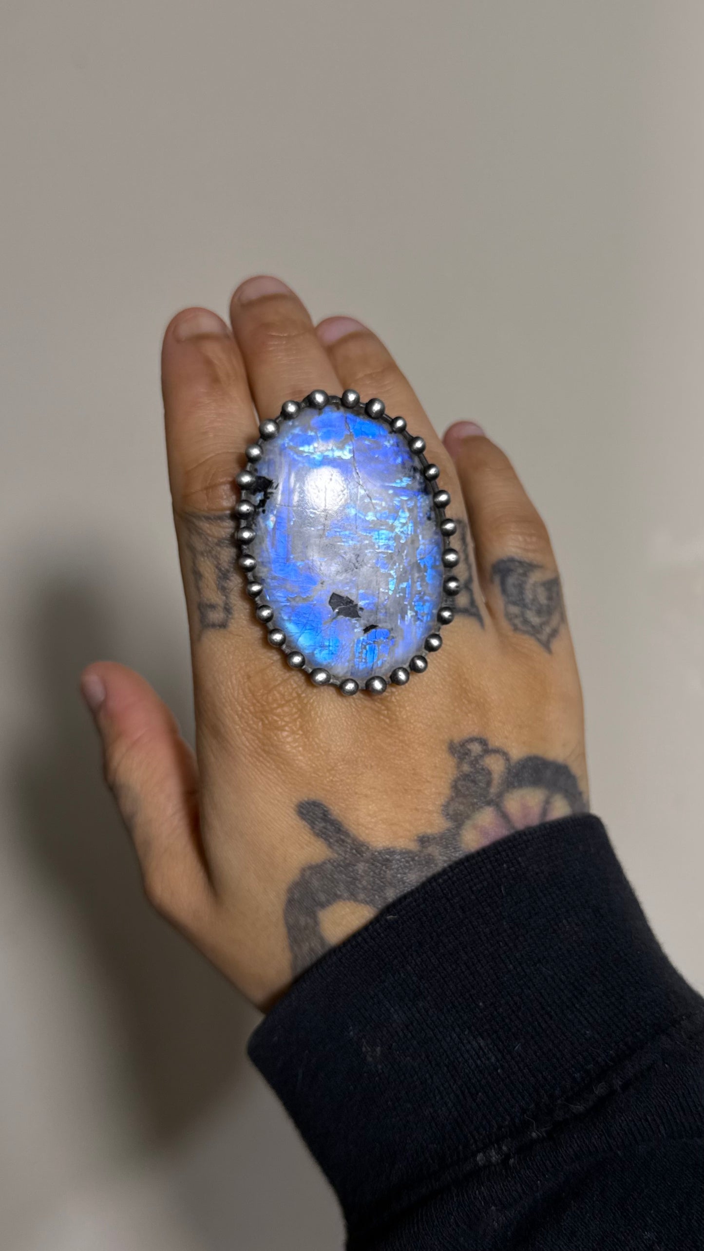 Darla  | Adjustable Rainbow Moonstone & Black Tourmaline Ring