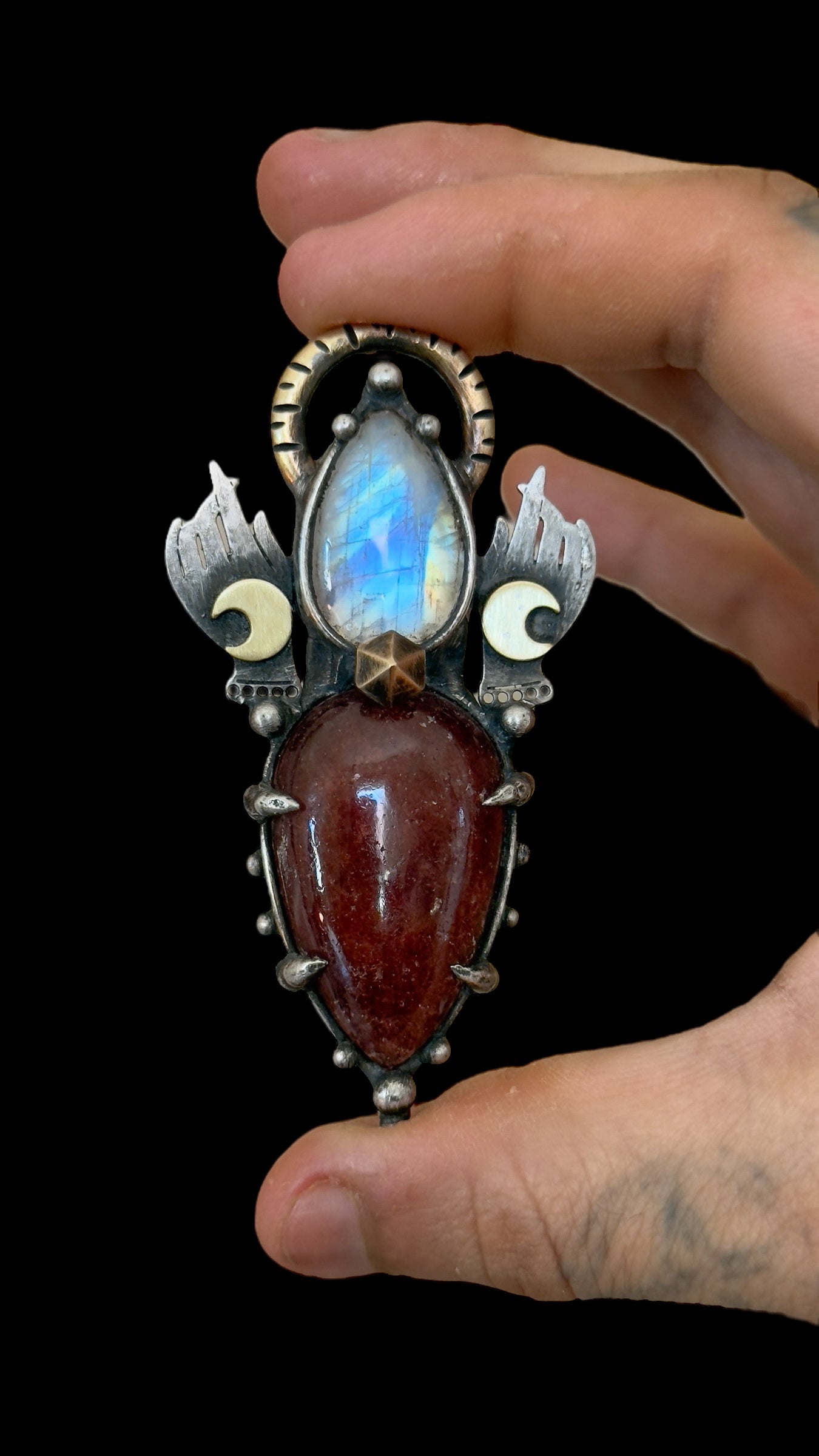 Aadrik | Rainbow Moonstone and Strawberry Quartz Necklace