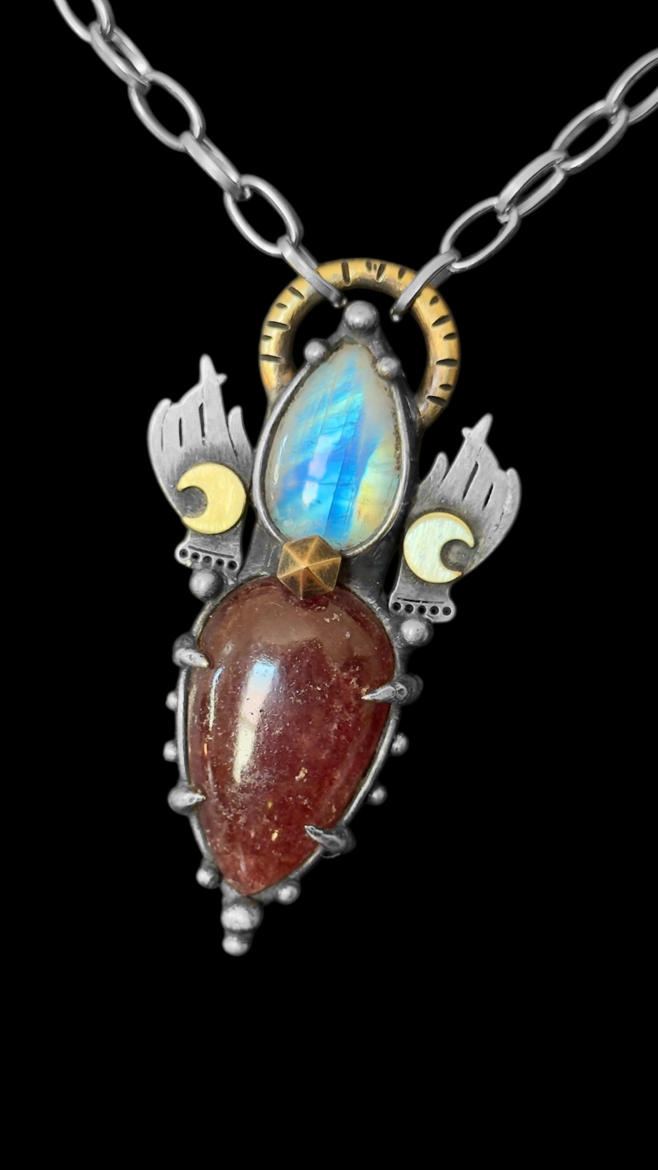 Aadrik | Rainbow Moonstone and Strawberry Quartz Necklace