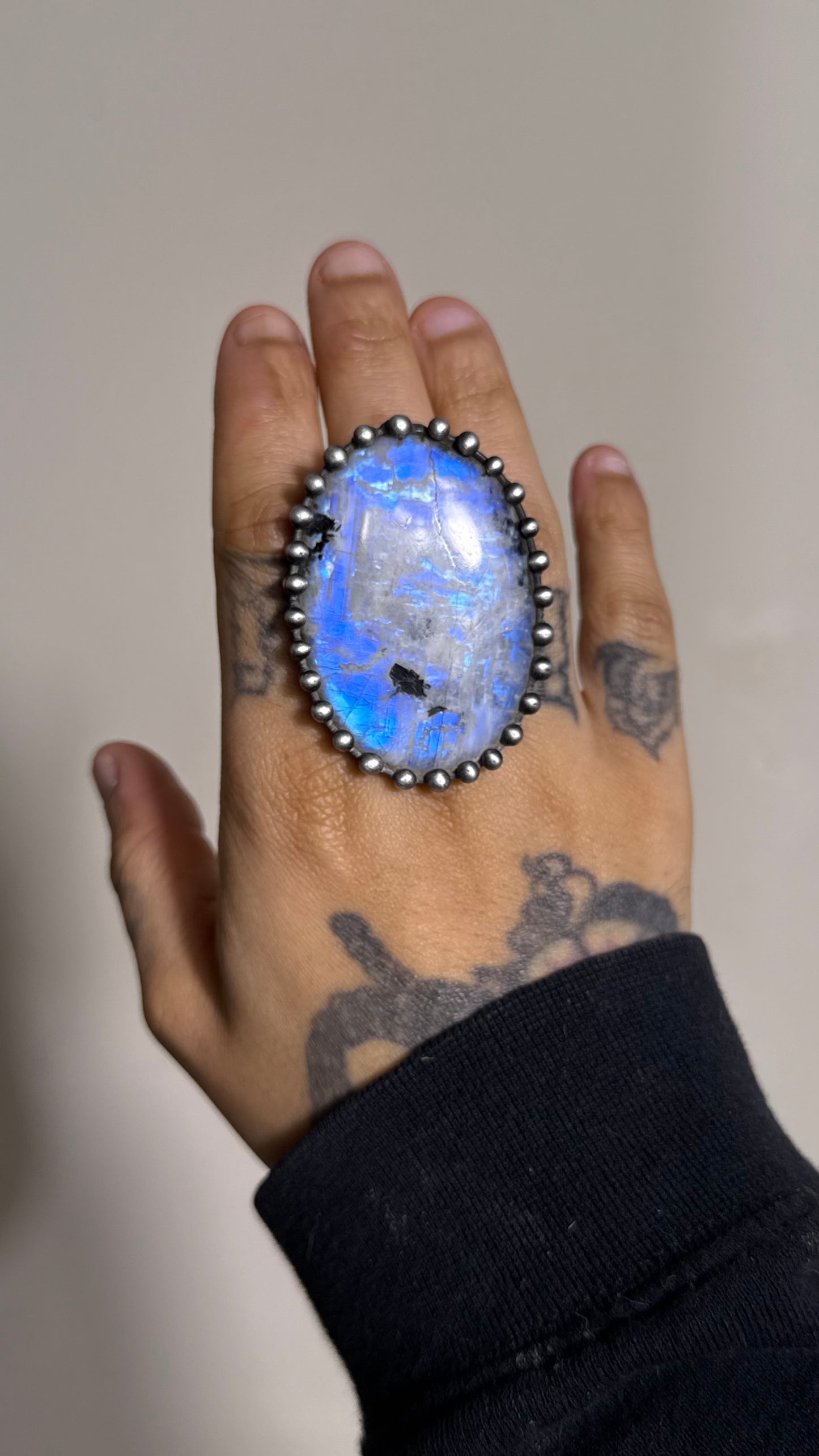 Darla  | Adjustable Rainbow Moonstone & Black Tourmaline Ring