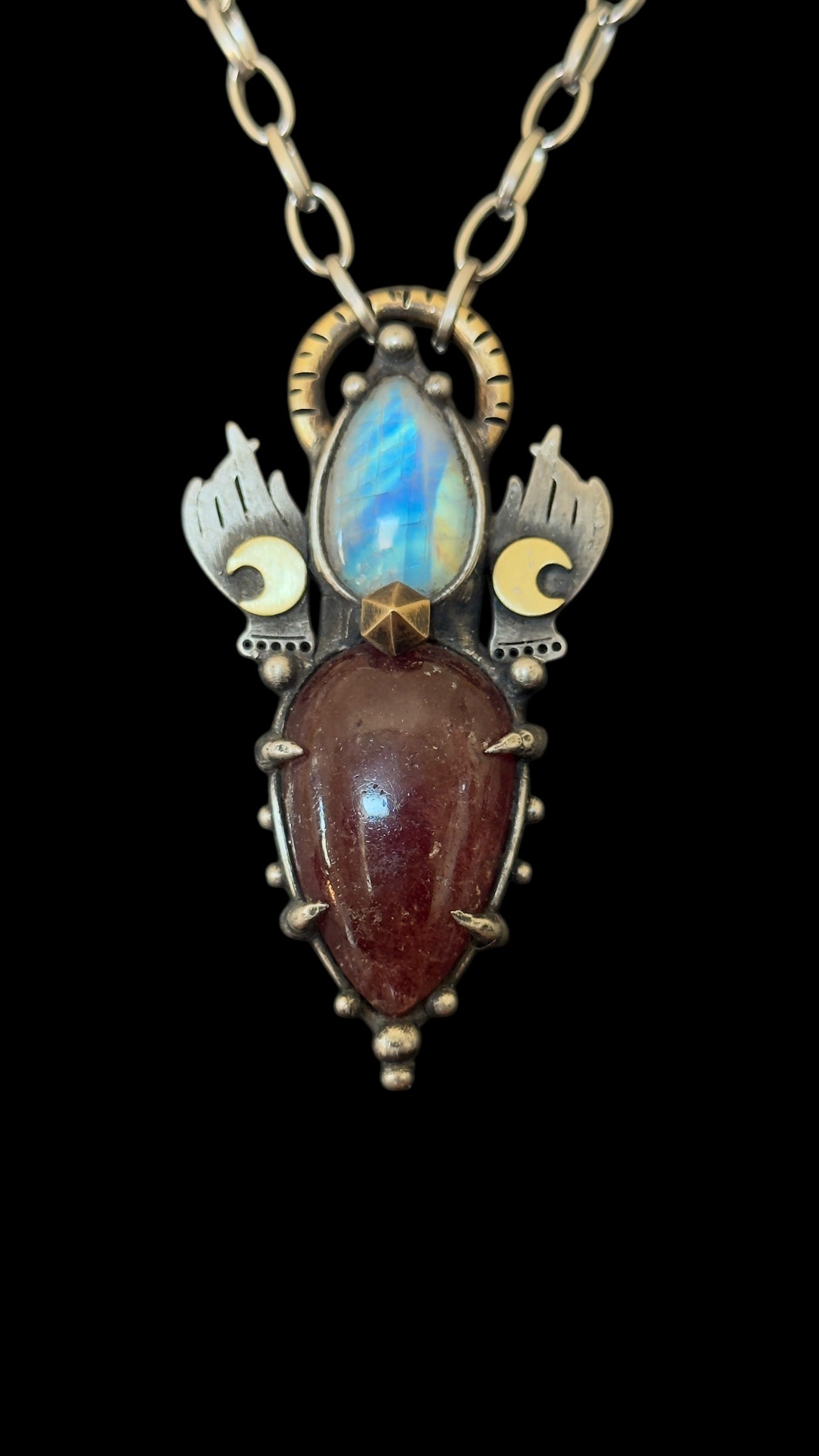 Aadrik | Rainbow Moonstone and Strawberry Quartz Necklace