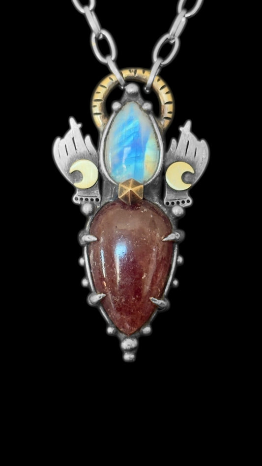 Aadrik | Rainbow Moonstone and Strawberry Quartz Necklace